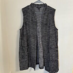 Eileen Fisher Organic Cotton Tweed Knit Vest Cardigan Size XL Black Pockets
